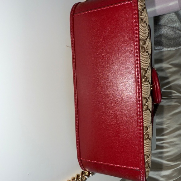 Authentic Gucci GG Marmont Mini Top Handle Bag - GG Supreme Canvas Red Leather G - Picture 5 of 8